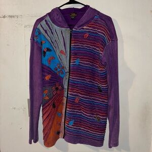 Rising International Boho Patchwork Zip Hoodie Purple Cotton XL